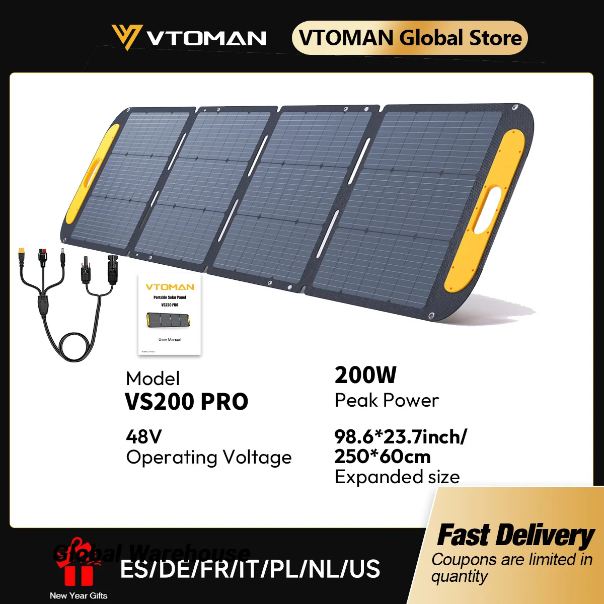 VTOMAN VS200 PRO 48V 200W Solarpanel-Set Komplett Tragbare Outdoor-Solarzelle Wiederaufladbarer Solargenerator für Zuhause