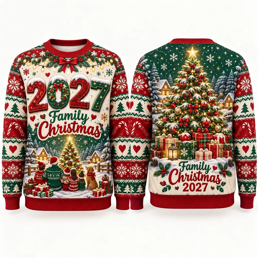 New2027 Family Christmas Ugly Christmas Sweater Printed Polyester Crewneck Pullover Long Sleeve Men Unisex Holiday Sweaters