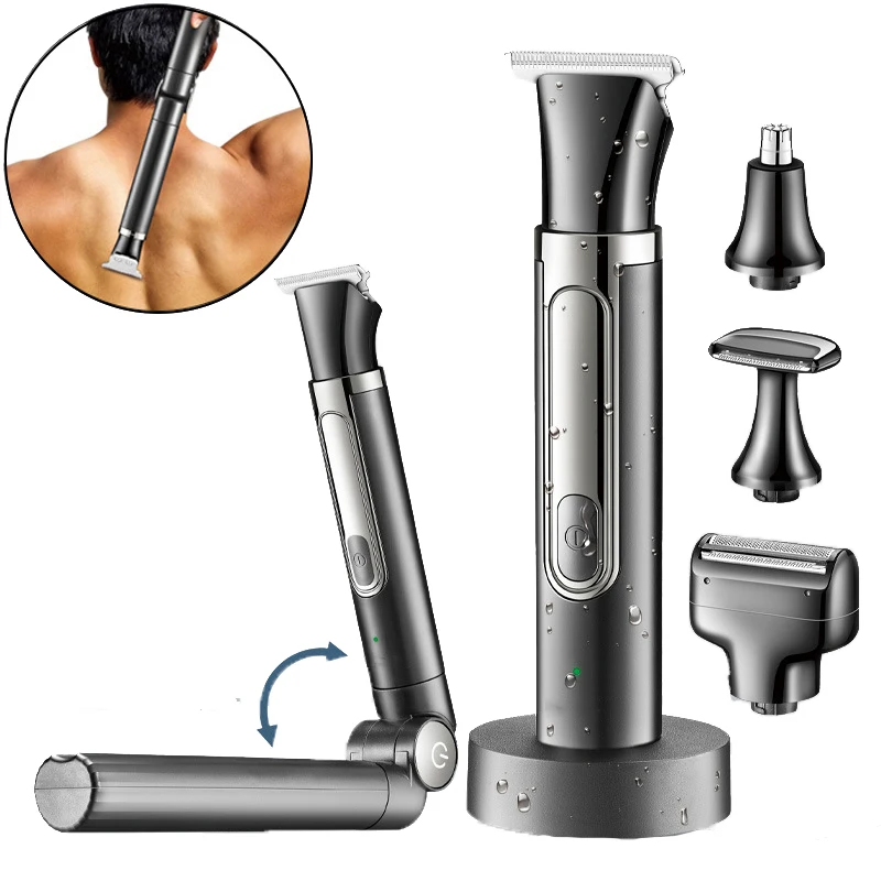 4 in1 Rechargeable Men\'s Shaving Set Back Razor Shaver Groomer Foldable Telescopic Rod Nose Hair Trimmer Back Shaver Long Handle