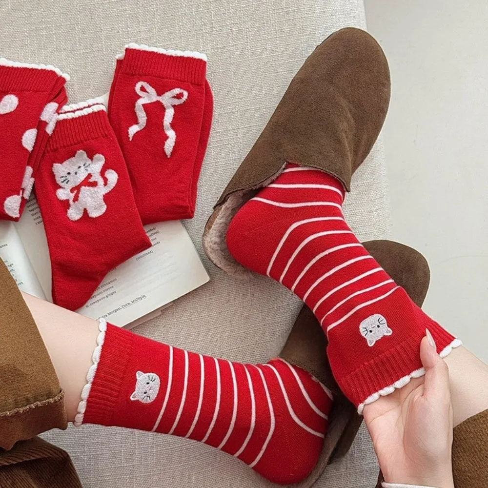 

5 Pairs Bow Combed Cotton Red Socks Breathable Creative Polka Dot Socks Comfortable Soft Stripe Socks Spring Festival