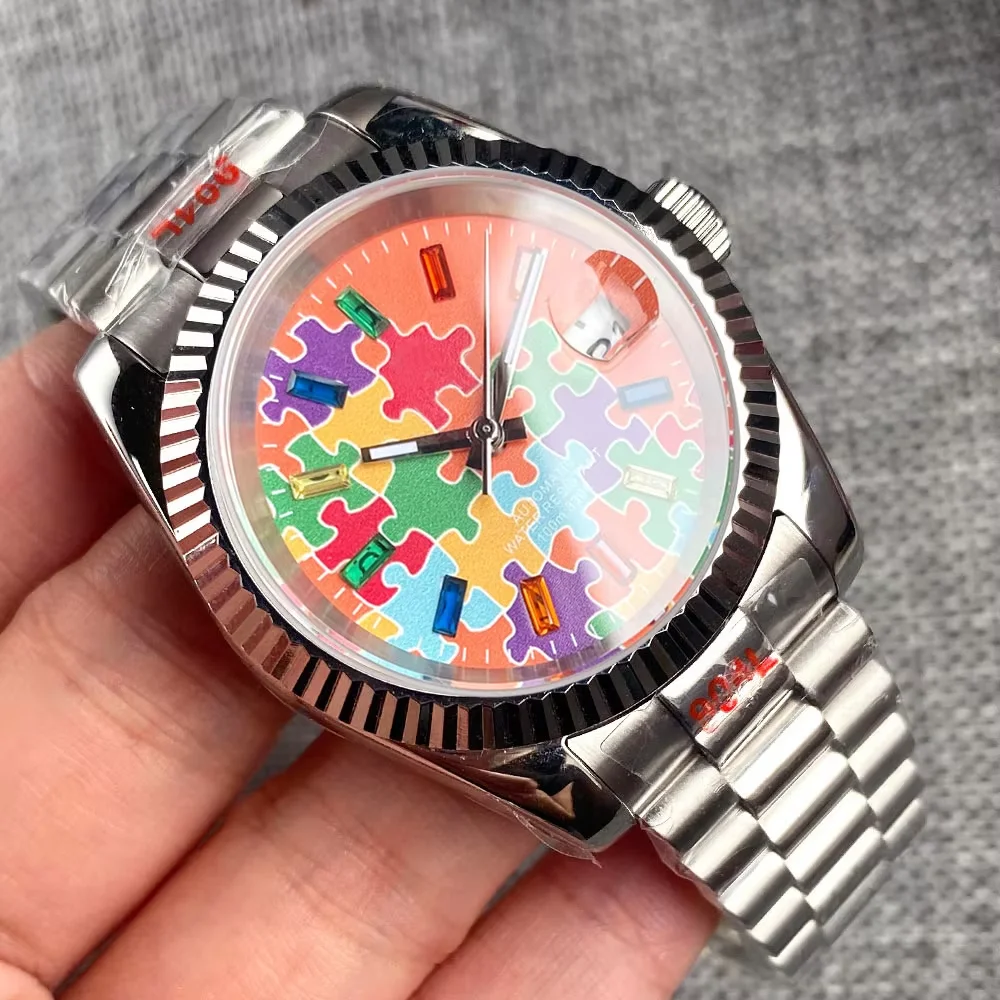 36mm 39mm Fluted Bezel Date Puzzle Steel Mechanical Watch Men Diamond Markers DJ 904L President Bracelet Hombre Clock