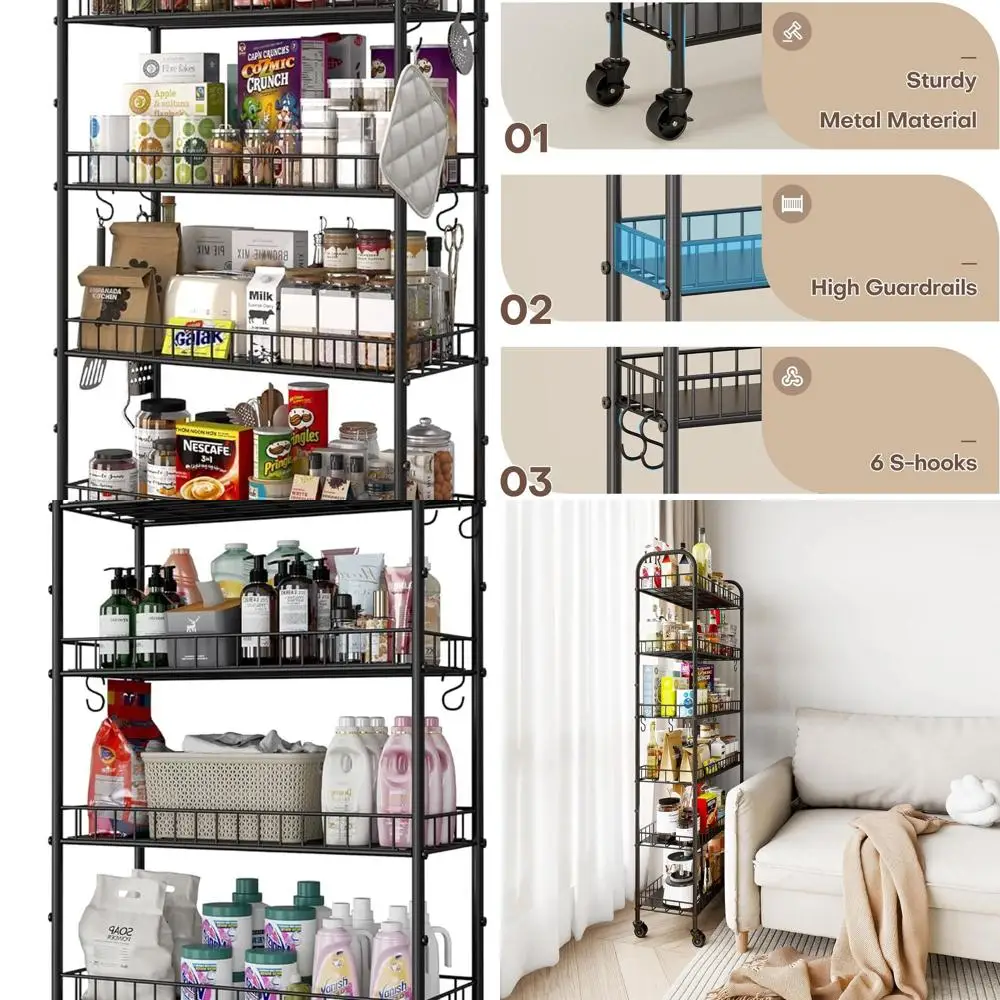 

6-Tier Metal Rolling Storage Cart with Wheels for Compact Spaces: Ideal for Home and Office Use