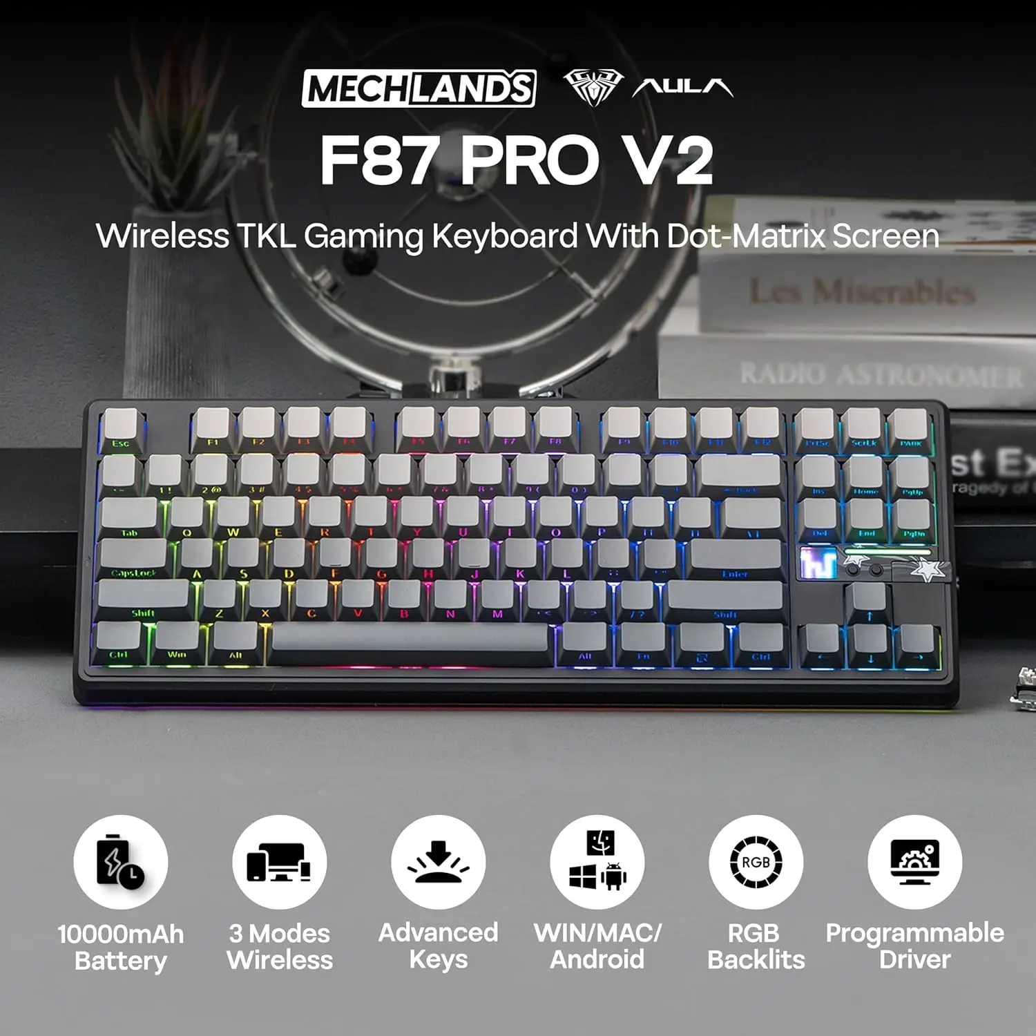Aula F87 PRO V2 Wireless Gaming Keyboard 10000mAh, 8K Polling SOCD/MT/TGL Tri-Mode, Hot-Swap TKL Creamy Gasket RGB Backlit