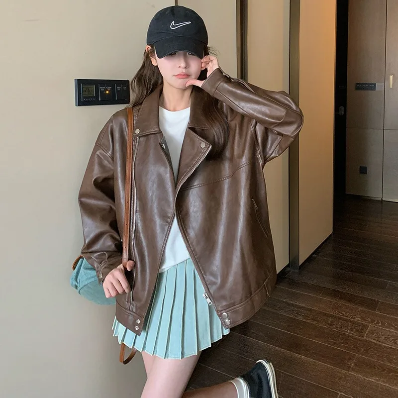 

Женская кожаная куртка из искусственной кожи коричневого цвета, винтажная женская мотоциклетная кожаная куртка, новые пальто и куртки для женщин