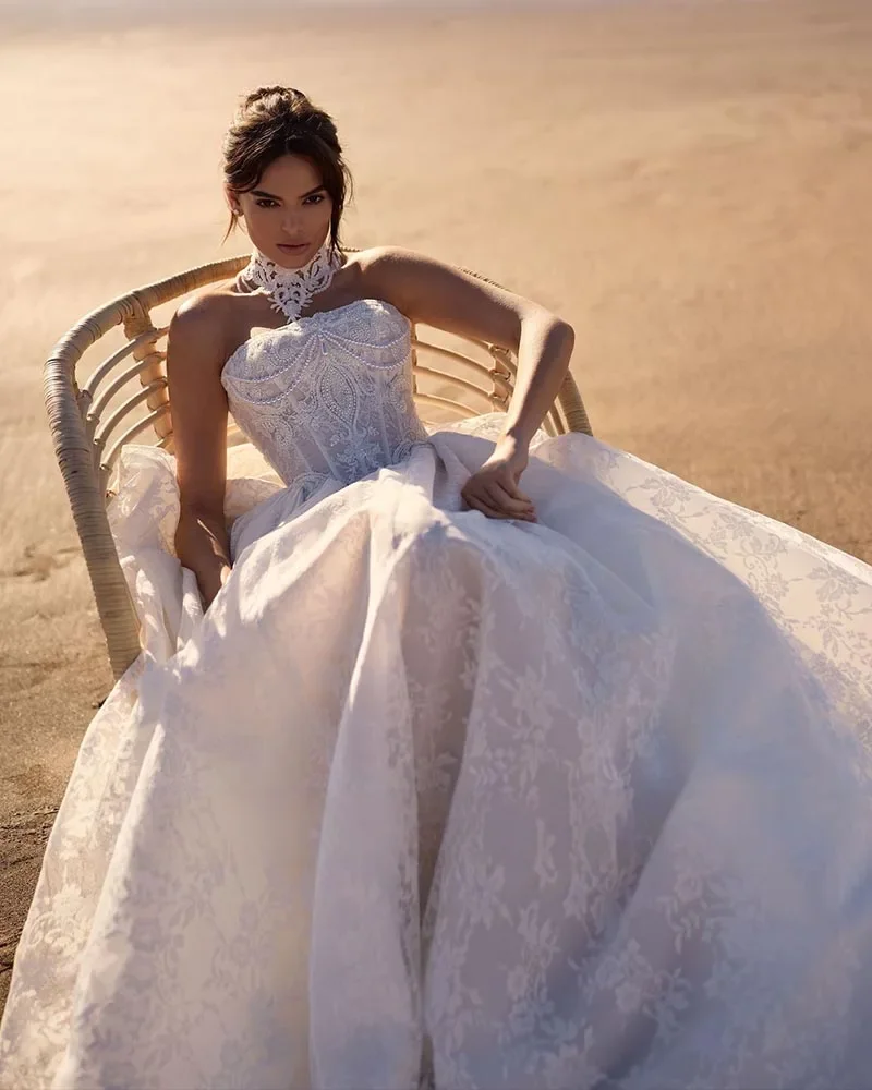 제인 에어 탈부착 가능한 목 장식 스트랩리스 목걸이 비즈 진주 아플리케 레이스 공주 웨딩 드레스 베스티도스 데 노비아