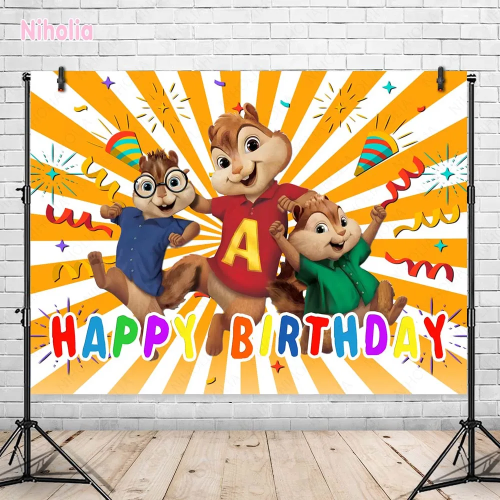 Disney Alvin and Chipmunks Simon Theodore Backdrop for Kids Birthday Photo Background Polyester Vinyl Decor Studios Props