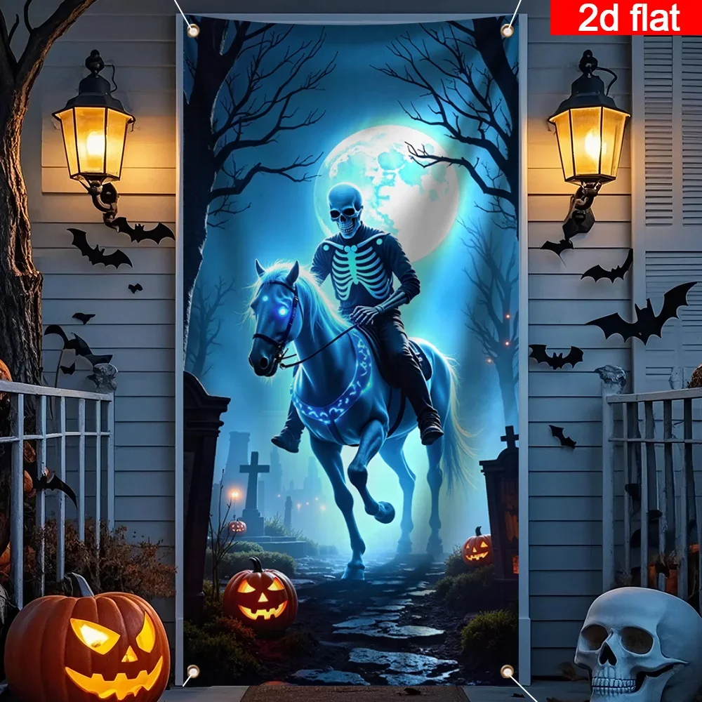Plano 2D, 1 cortina de Halloween, material de poliéster, temible caballero esqueleto, luna llena, adecuado para la puerta principal.