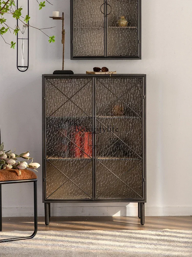 

LLFrench side cabinet Solid wood wrought iron water corrugated glass door Living room against the wall Simple entrance cabinet