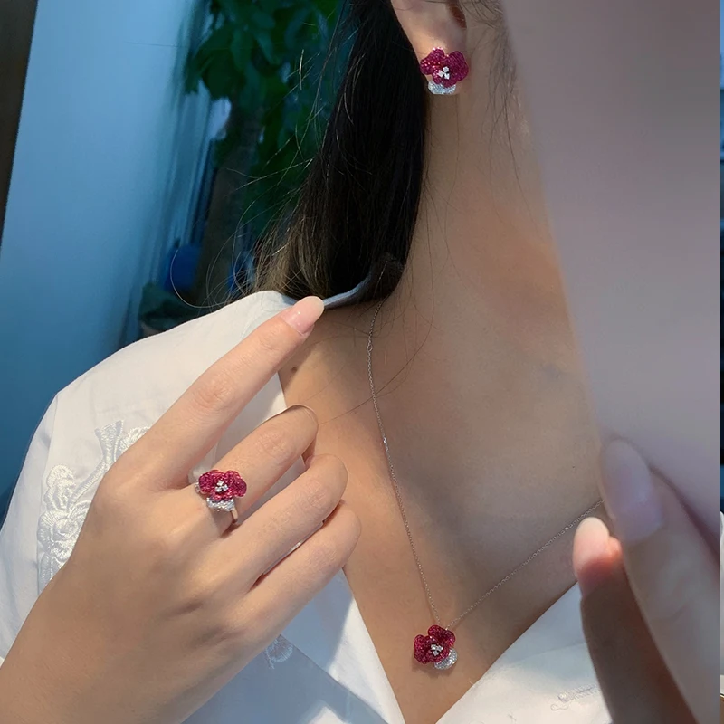 Aazuo Real Jewelry 18K White Gold Real Natrual Ruby Luxury Jewelry Set Lovely Flower Earring Gift For Women Wedding Party