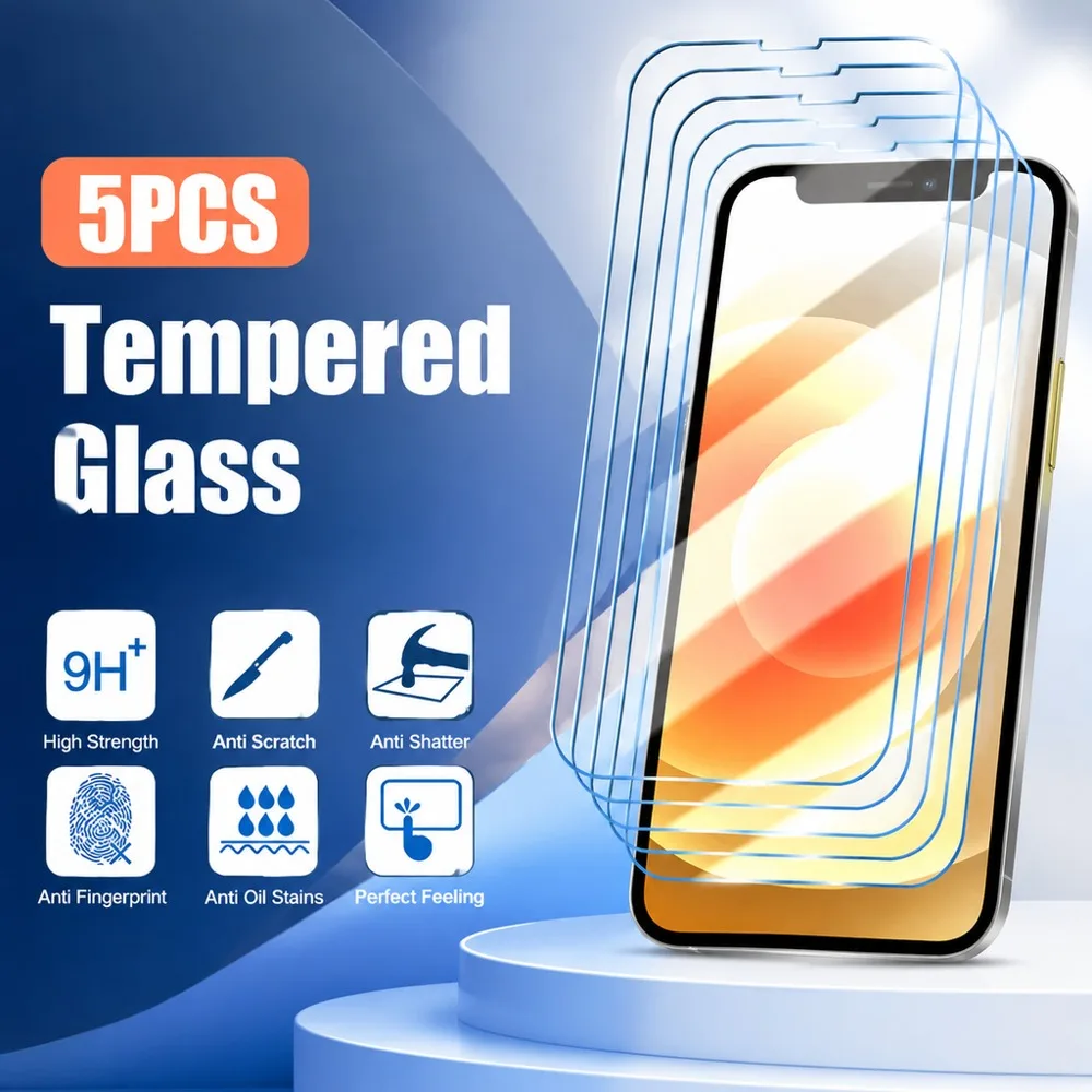 5 Stück Displayschutzfolie für iPhone 12, 11, 18, 17, gehärtetes Glas für iPhone 16, 15, 14, 13, HD, kratzfest, bruchsicher, wasserabweisend.