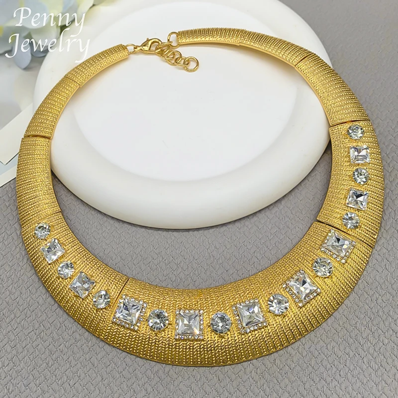 Exaggerated 4Pcs Jewelry Sets Dubai 18K Gold Plated Collar Choker Necklace Drop Earrings Bracelet Ring Wedding Party Gifts