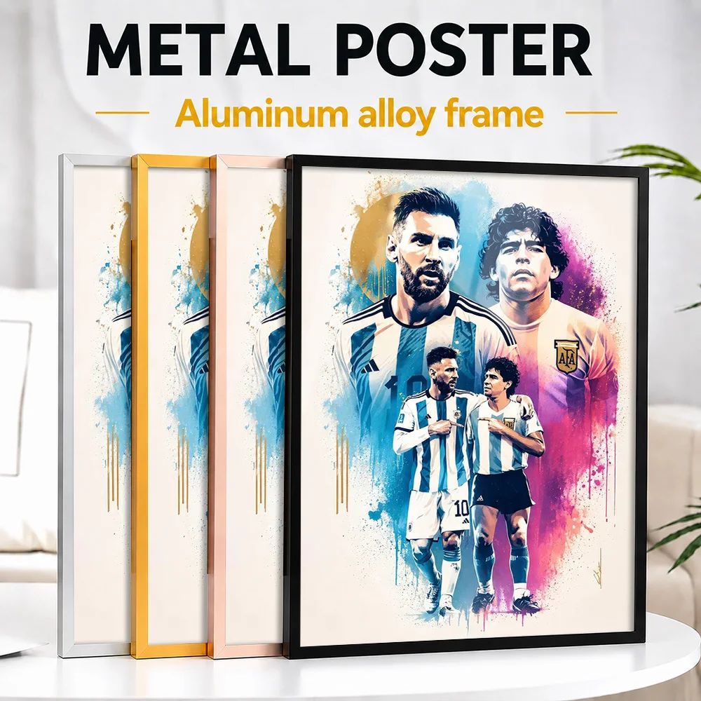 Lionel Messi And Diego Maradona Tribute Metal Poster With Aluminum Alloy Frame Customized Illustrated Wall Art For Sports Bar