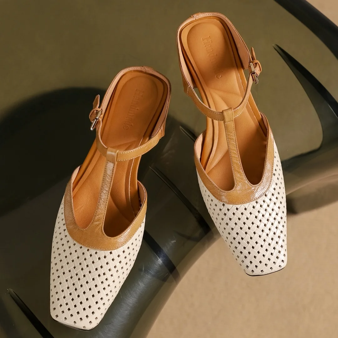 Plus size 41 women\'s hollow-out mix color patchwork slip-on t-strap sandals square toe elegant ladies kitten heel slides mules
