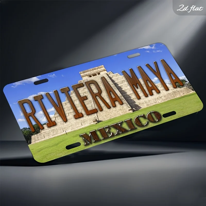 2D Flat, Car P, 2D Flat, 1pc Vintage Mayan Riviera Mexico Metal Plaque- Chichen Itza Pyramid Design- Heavy Aluminum Sign Board-