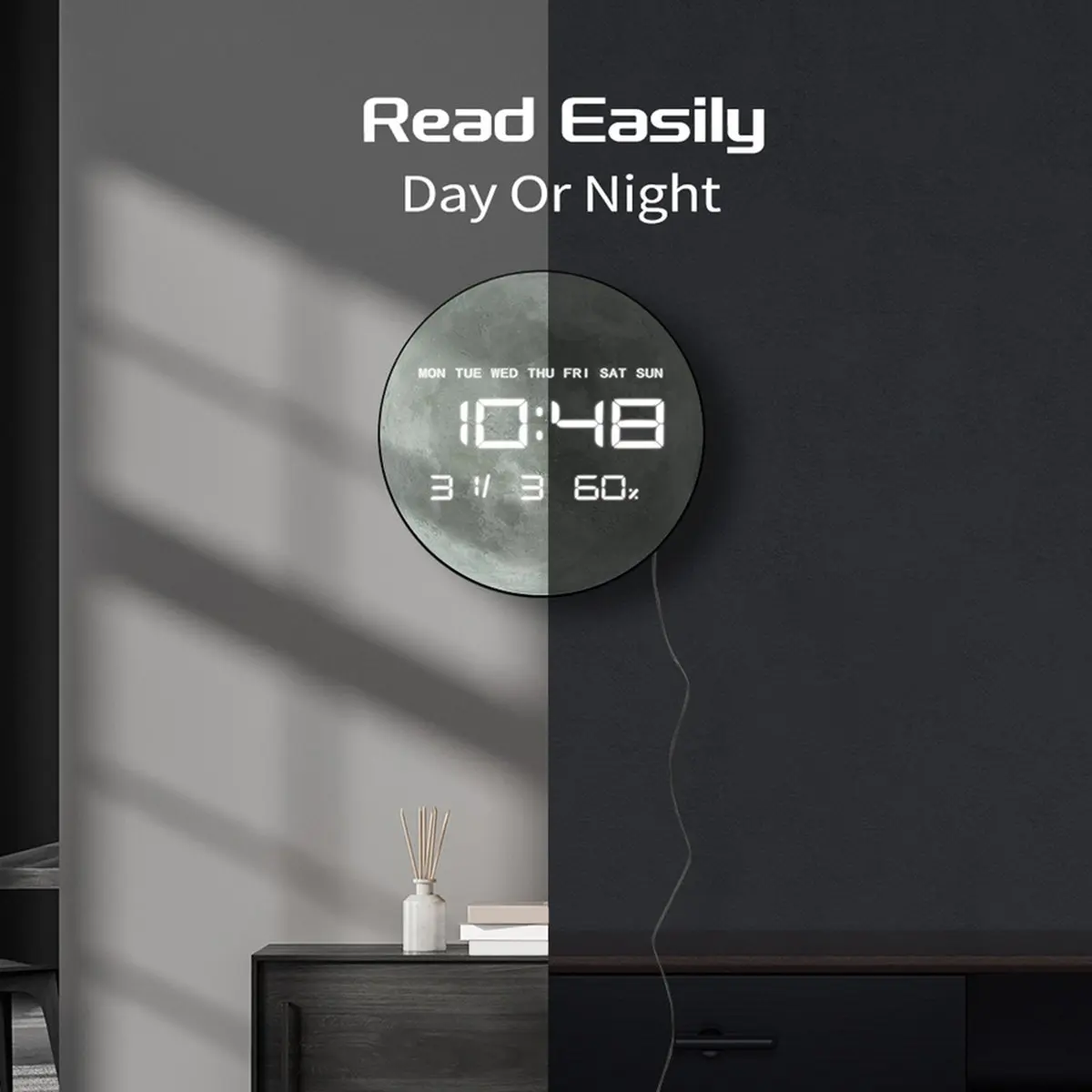Planet Moon Digital Wall Clock Home Decor Large Display LED Lunar Wall Clock for Living Room with Temperature Date Day