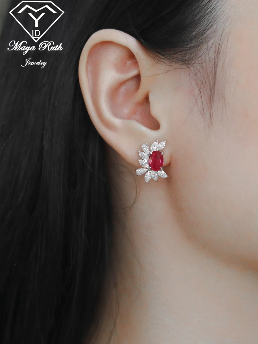 Lab Created Ruby Unusual Stud Earrings Real 925 Sterling Silver Party For Women Female Retro Gift Flower Shape 2022Trend New Ins