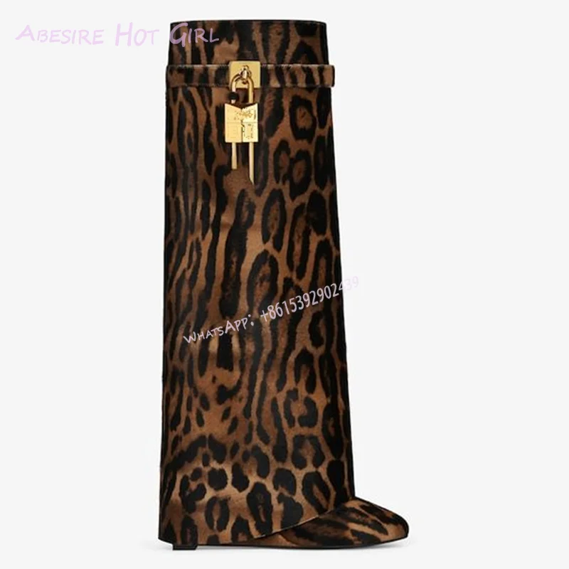 Suede Brown Leopard Black Spotted Wild Woman Boots Knee Gold Lock Sexy Totem Cool Flats Slip Metal Belt Buckle Round Wedge Shoes