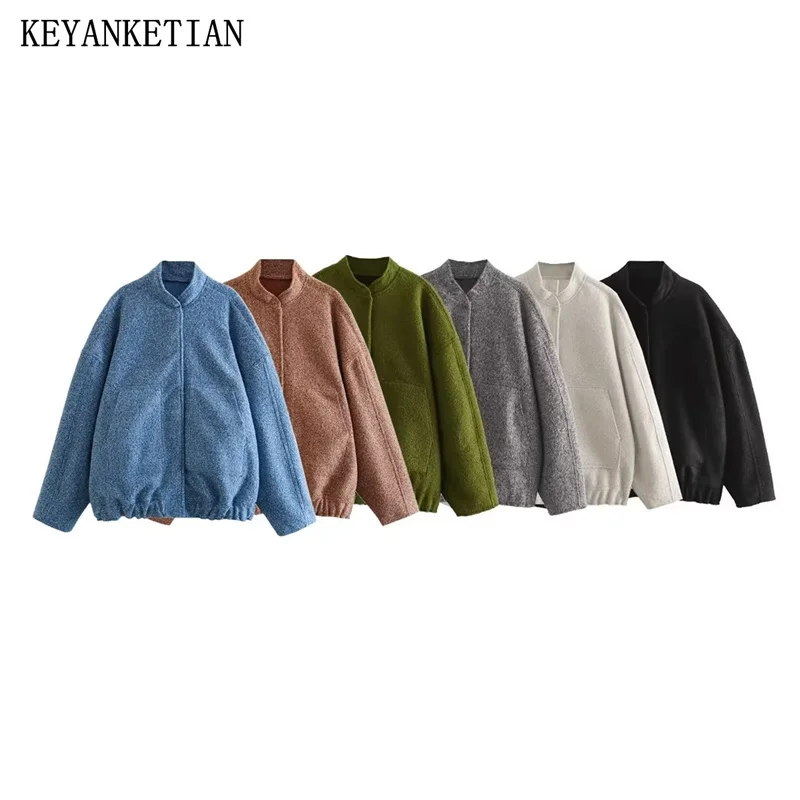 

KEYANKETIAN Autumn/Winter new women tweed jacket Snap-Button Mock Neck Oversize Solid Thick Warm Outerwear Vintage Leisure Coat