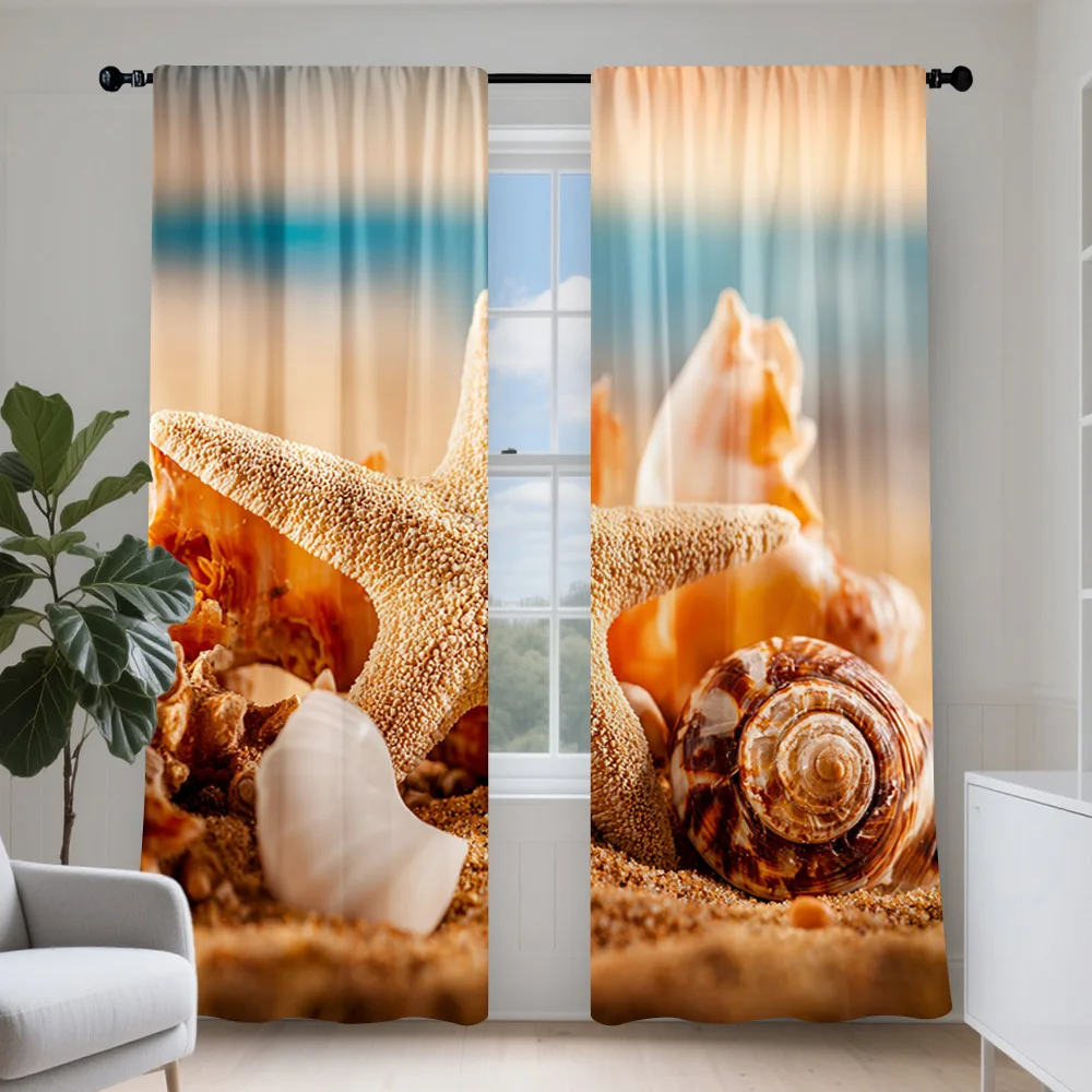 Seashell Starfish Beach Curtain, Coastal Ocean View Print Drape, Summer Marine Window Treatment for Living Room Bedroom Home