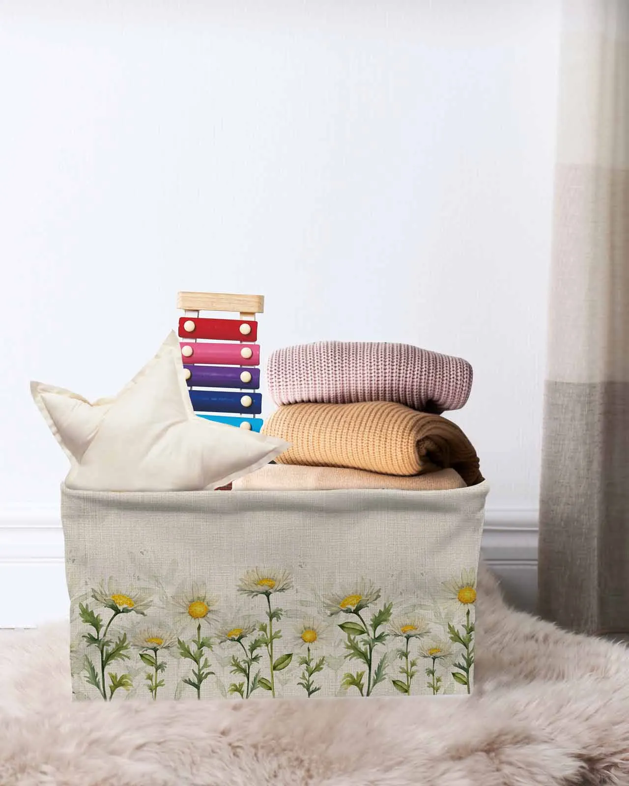 Leaf Daisy WatercolorBasket Clothes Folding Storage Box For Nursery Underwear Toy Organizer Laundry Basket With Handle