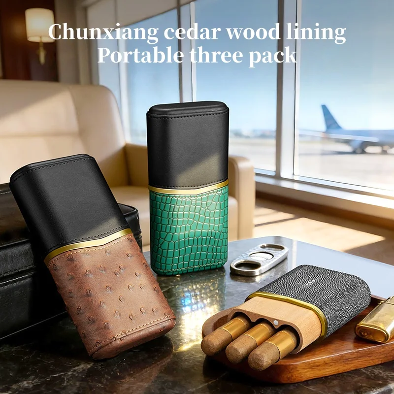 

Genuine Cow Leather Cigar Case with Cedar Wood Lining 3-Cigar Capacity Business Portable Cigar Box Cigarette Smoking Accessory