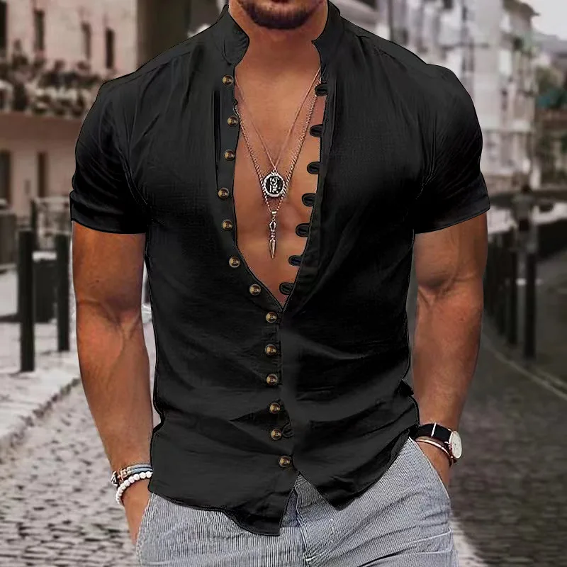 Summer 100% Cotton Linen Men's Short-Sleeved Shirts Fashion Street Solid Color stand-up collar Casual Shirts （European Size）