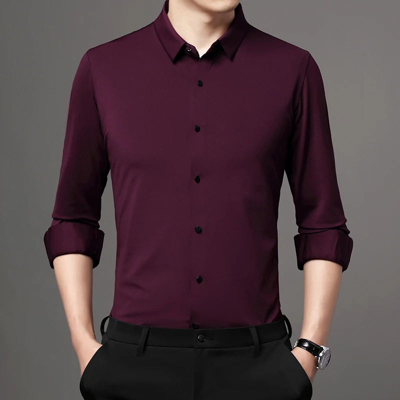 

2022 Men's Shirt High Quality Seamless Long Sleeve Slim Casual Shirt Solid Color Business Formal Dress Shirts Social Blouses