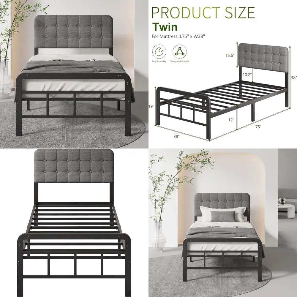 

Upholstered Headboard Twin Bed Frame with Metal Footboard, No Box Spring, Heavy-Duty Metal Foundation, Quiet, Easy Assembly