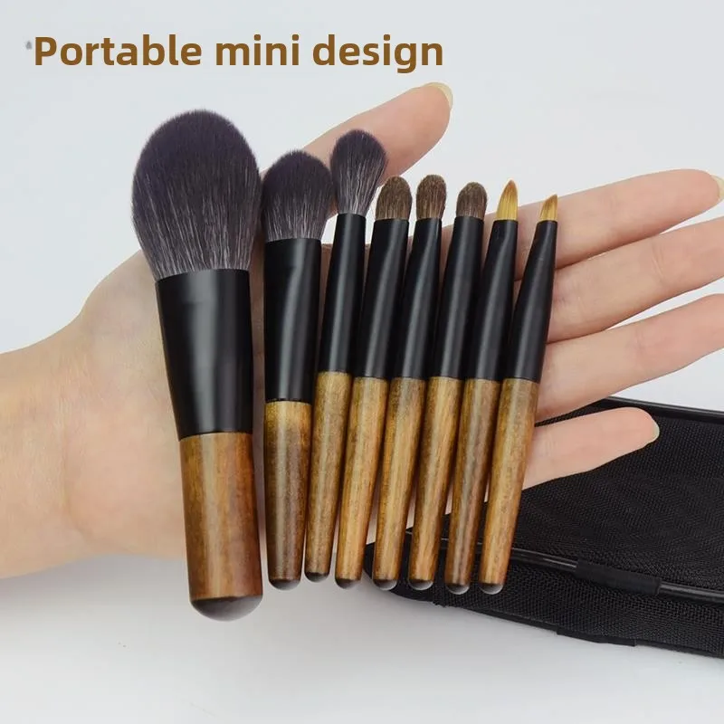 8 Pcs Mini Soft Wooden Makeup Brush Set - Powder,Stippling,Eyeshadow,Blush,Highlighter,Contour,Blending Brushes