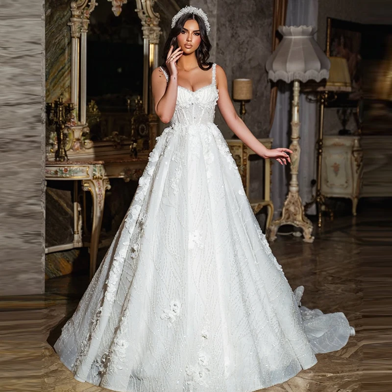 

Shiny Chic Wedding Dress Beading With 3dflower A-Line Ball Gown Square Collar Organza Customized Bride Backless Vestido De Novia