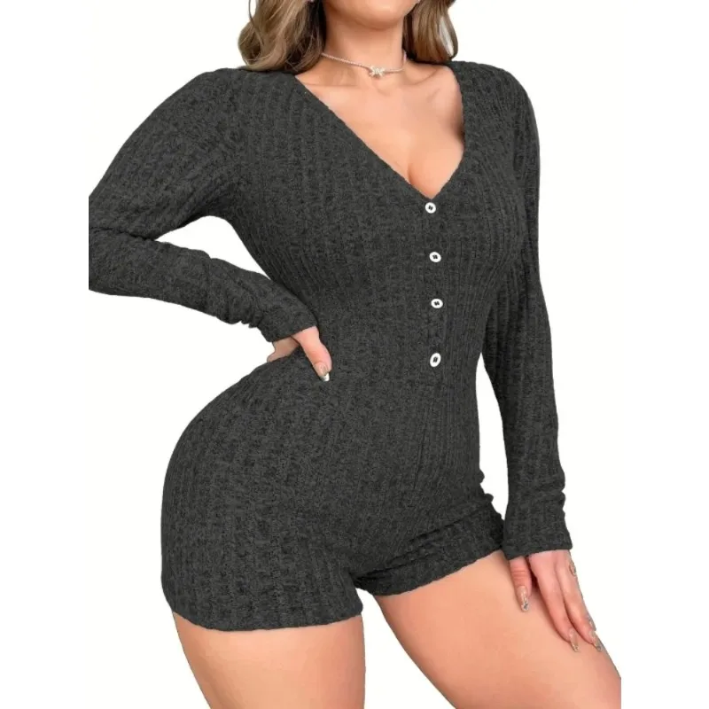 

Плюс размер 1XL-5XL женский модный однотонный повседневный удобный комбинезон с глубоким v-образным вырезом и пуговицами