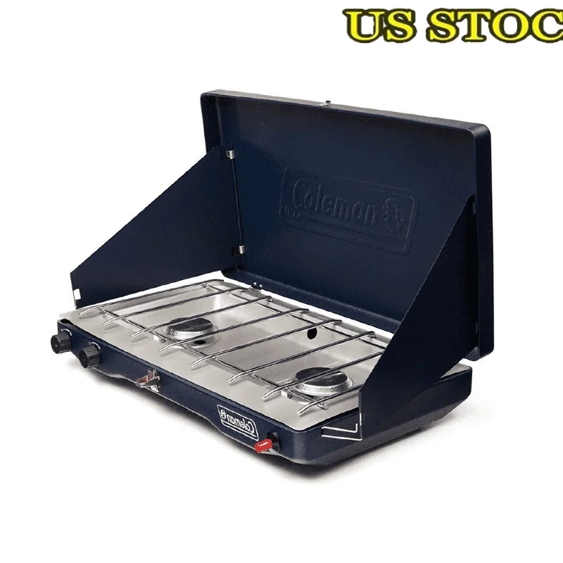 Classic 3-in-1 Camping Stove Portable 2 Burner Griddle Grill Removable Accessories Adjustable Temperature Control Wind Guards