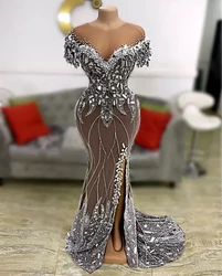 Luxury Plus Size Arabic Style Mermaid Side Slit Prom Dresses Beaded Sequined Appliques Evening Party Gowns 2023 Robes De Soirée