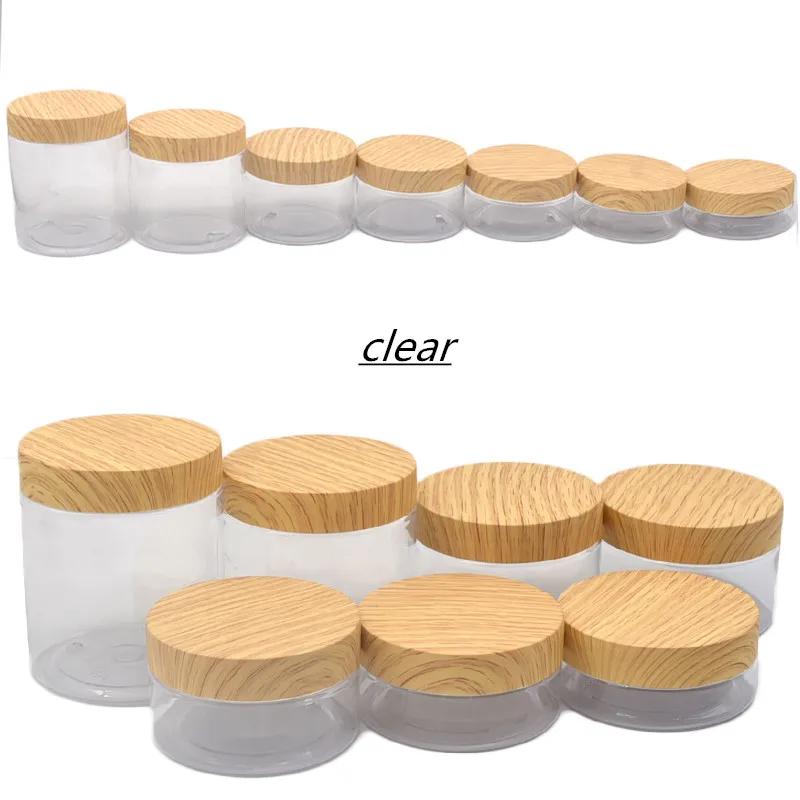 New100/120/150/200g/250g PET Cream Jar Imitation Wood Grain Lid Empty Cosmetic Container Refillable Facial Mask Pot Storage Jar