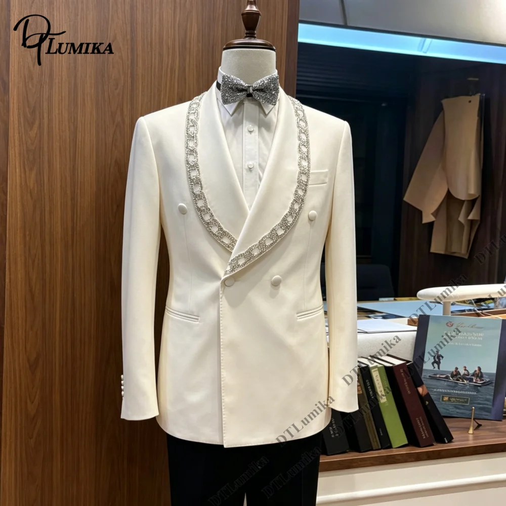 

DTLumika New Two piece Suit Set for Men with Crystals on Shawl Lapel, XS-3XL Wedding Groom Suit Two Buttons Jacket Pants Tuxedo