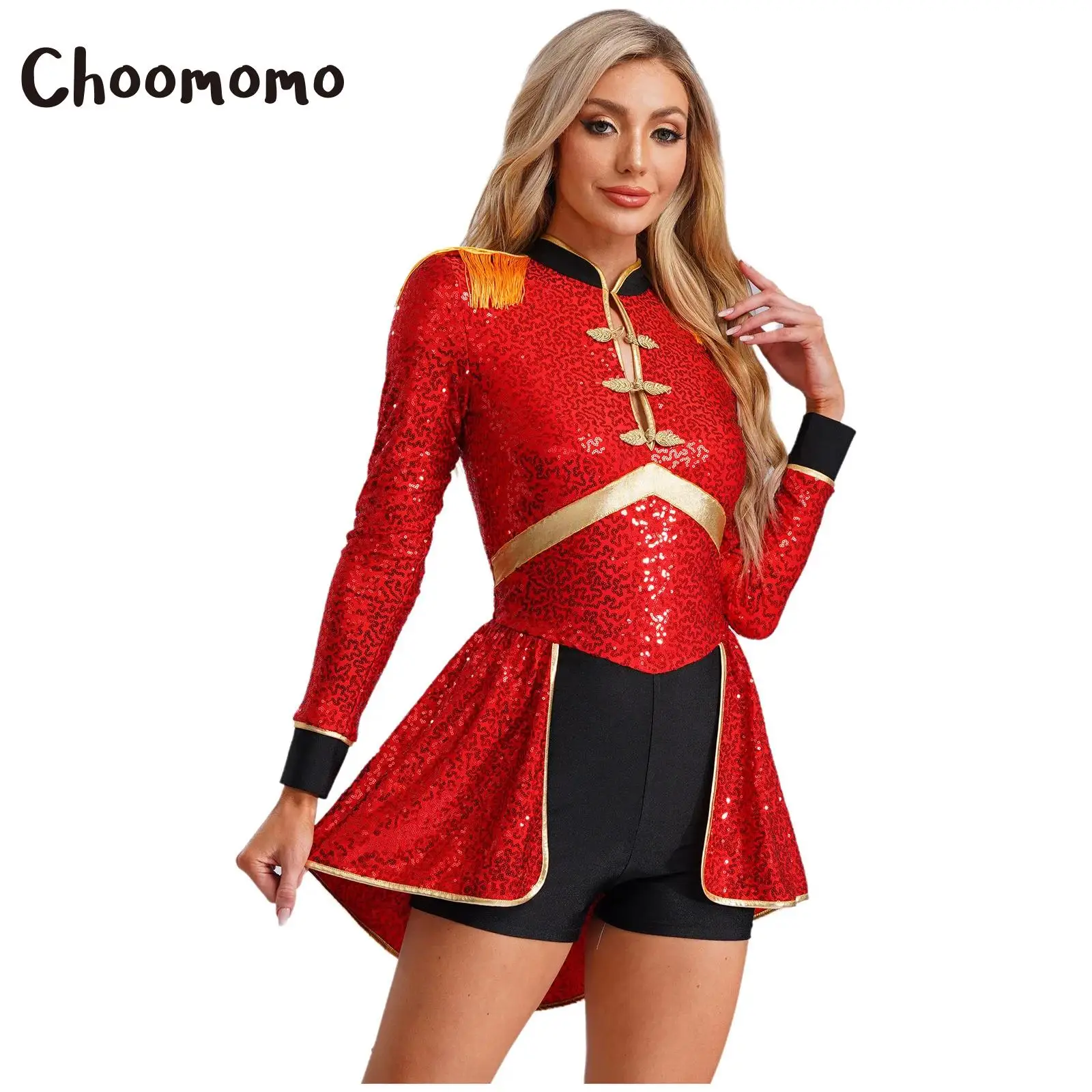 

Womens Circus Ringmaster Costume Adult Sequins Long Sleeve Fringe Jumpsuit for Halloween Party Lion Tamer Cosplay Magic Shows