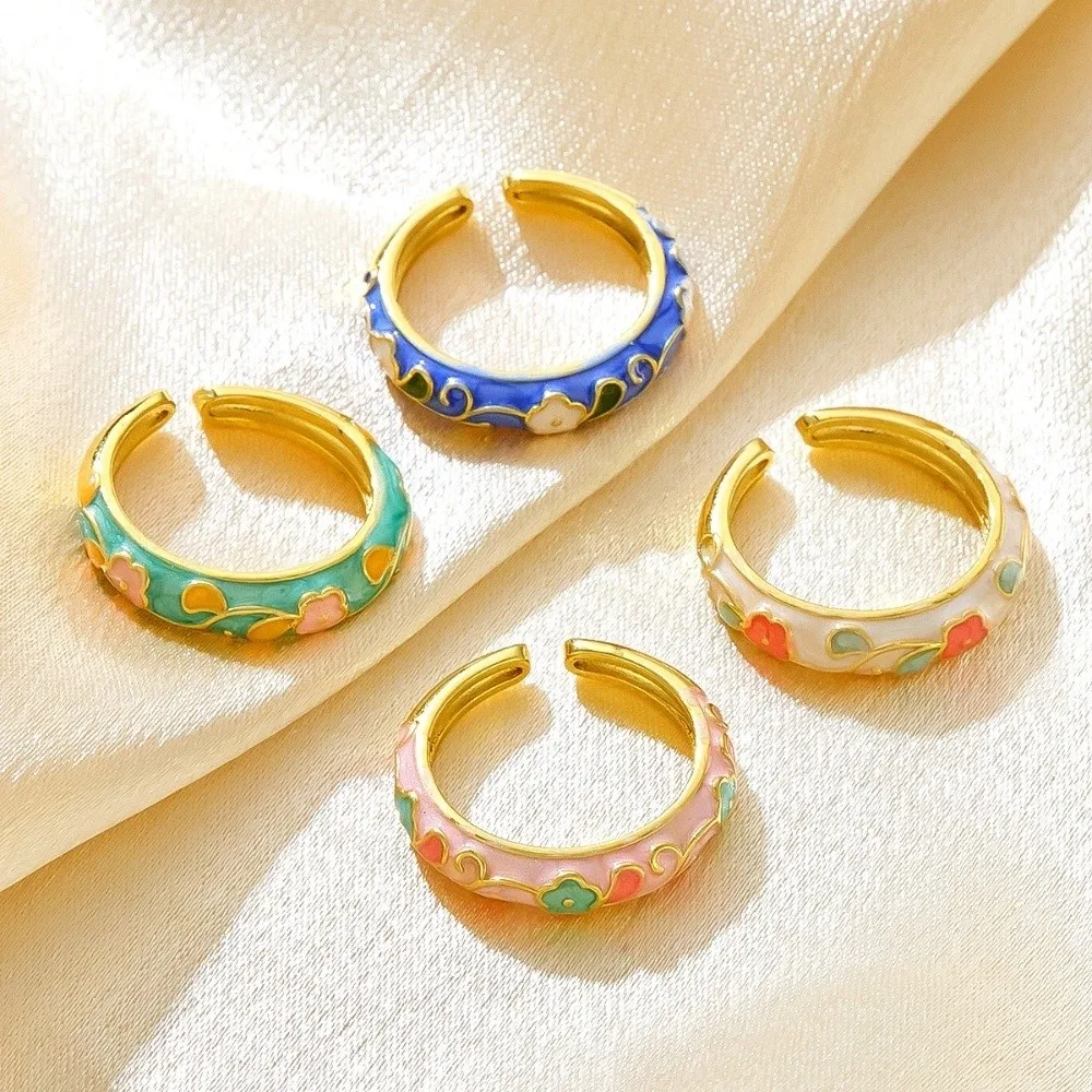 Unisex Colorful Oil-Drop Enamel Ring Retro Style Delicate Flower Open Ring Chinese Style Versatile Drip Glazing Ring Party