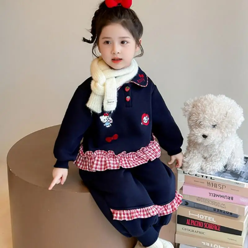 

Осенне-зимняя толстая теплая толстовка с капюшоном Hello Kitty для девочек, осенне-зимний новый комплект спортивной одежды в стиле аниме Kawaii, милый удобный пуловер