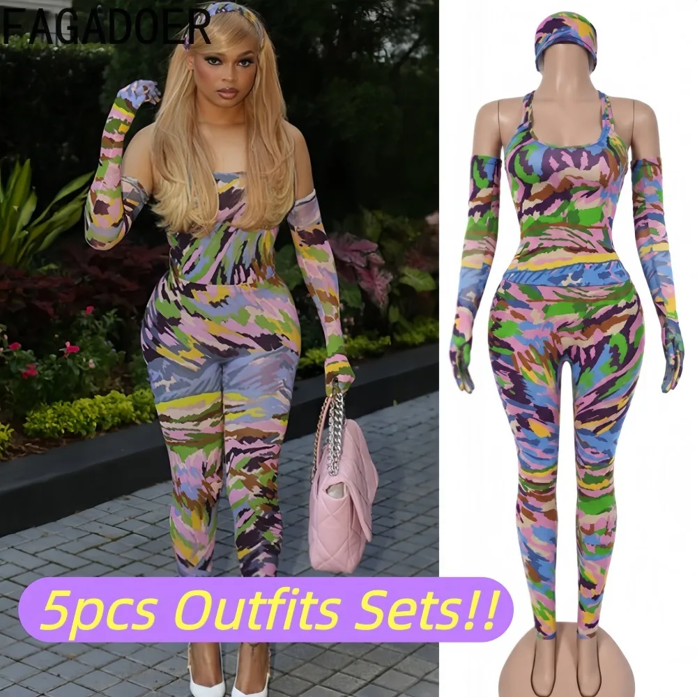 FAGADOER Print 5 Piece Bodysuit Set Women Off Shoulder Long Sleeve Top Leggings Gloves Headscarf Sexy Bodycon Club Party Outfit
