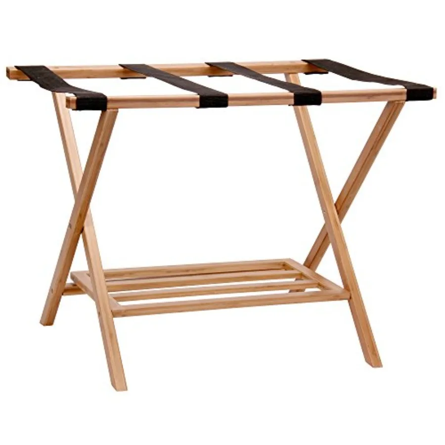 

Fully Assembled Folding Luggage Rack with Lower Storage Shelf Bamboo Frame with Black Straps