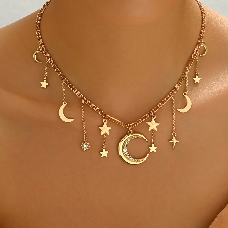 Fashion Classic Gold Color Chain Star Moon Pendant Necklace,