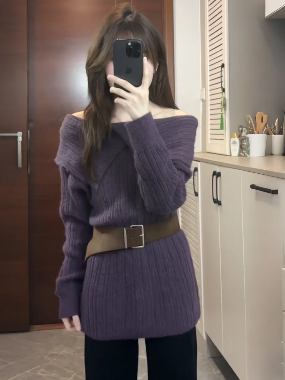

oulder Bared mid Length Purple Collar Sweater Women's Loose Lazy Sle Knitted Top Korean Sle Commute Warmth Heating