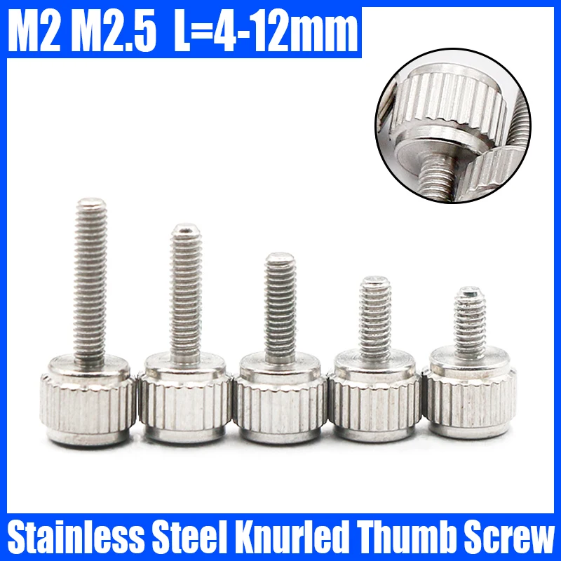 1-10PCS M2 M2.5 L=4-12mm Stainless Steel Knurled Thumb Screw Cylindrical Head Hand Tighten Thumb Screw Manual Adjustment Screw