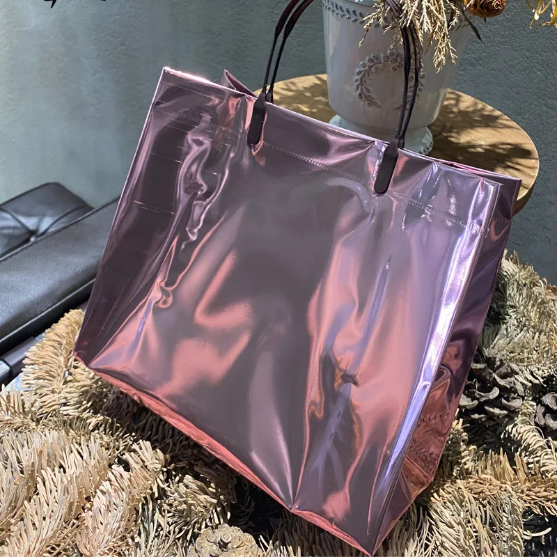 Women PVC Laser Shopping Bag With Snap Button Reusable Waterproof Eco Tote Bag Clothing Travel Wedding Party Gift Packaging Bags