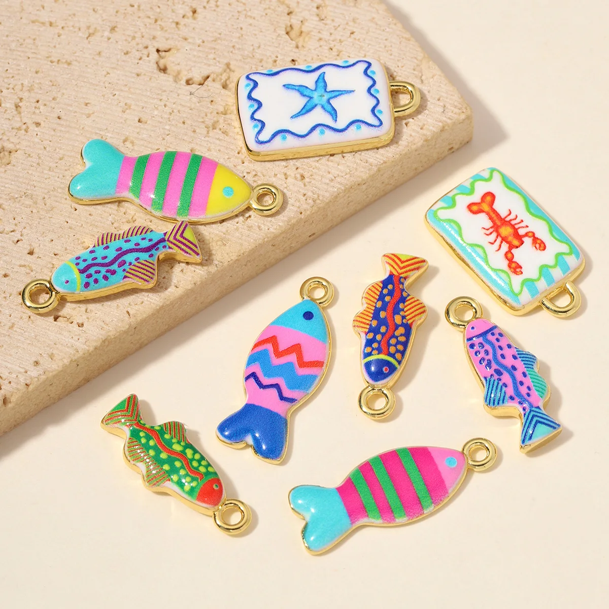 3pcs/Lot Wholesale Copper Enamel Snake DIY Bracelet Charms Rainbow Tropical Fish Tank Necklace Pendants Conch Jewelry Finding