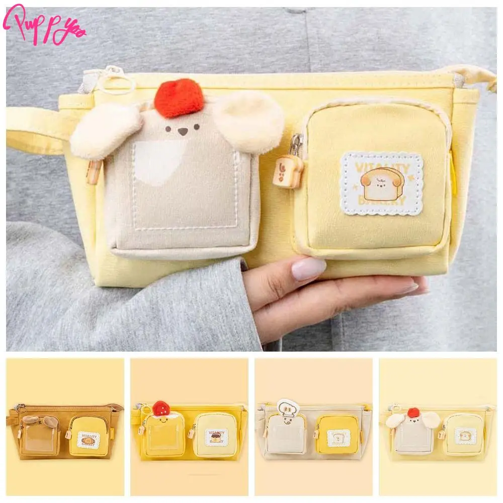 Large Capacity Cartoon Canvas Pen Bag Chestnut PVC Cute Bear Pencil Pouch Portable Strawberry Cheese Stationery Storage Bag