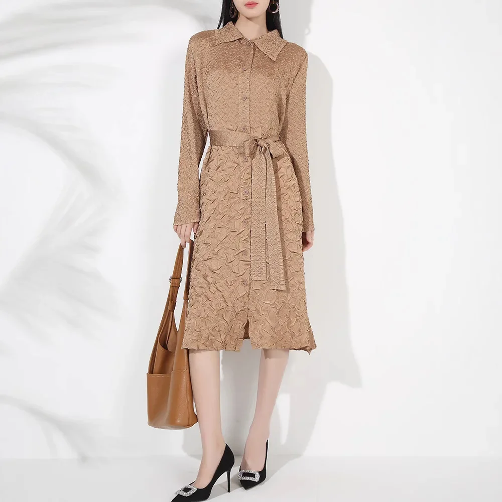 Miyake Lapel Single-breasted Lace-up Waist Pleated Trench Coat Heavy Industry High-end Medium and Long Coat Women's Autumn New