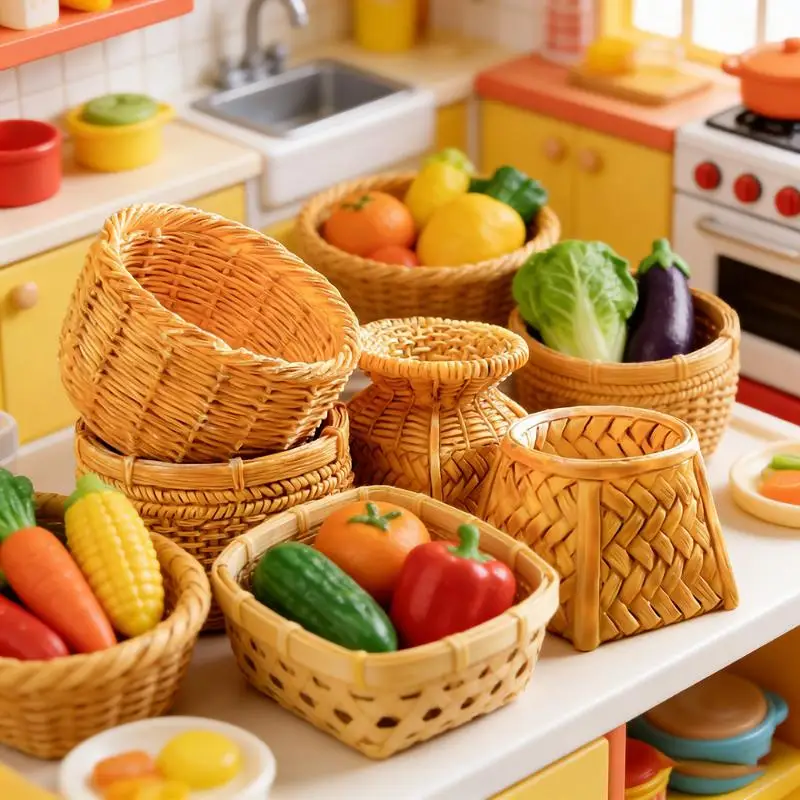 Dollhouse Mini Rattan Basket Realistic Simulation Fruit Bread Storage Model for 1:12 Scale Doll House Kitchen Scene Decor