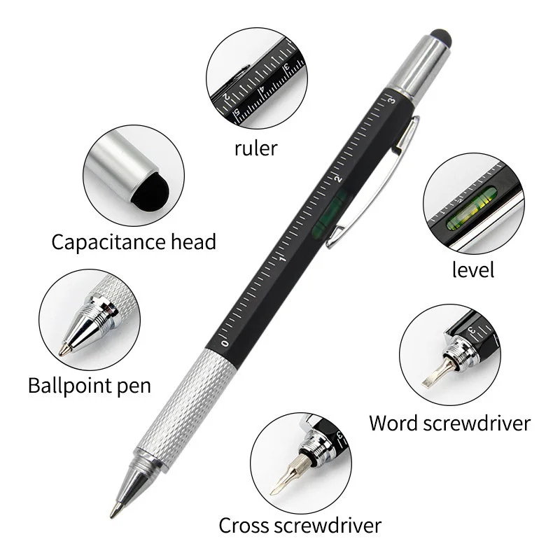 7 In1 Handheld Screwdriver Ballpoint Pen Tool Multifunction Measure Technical Ruler Screwdriver Touch Screen Stylus Spirit Level