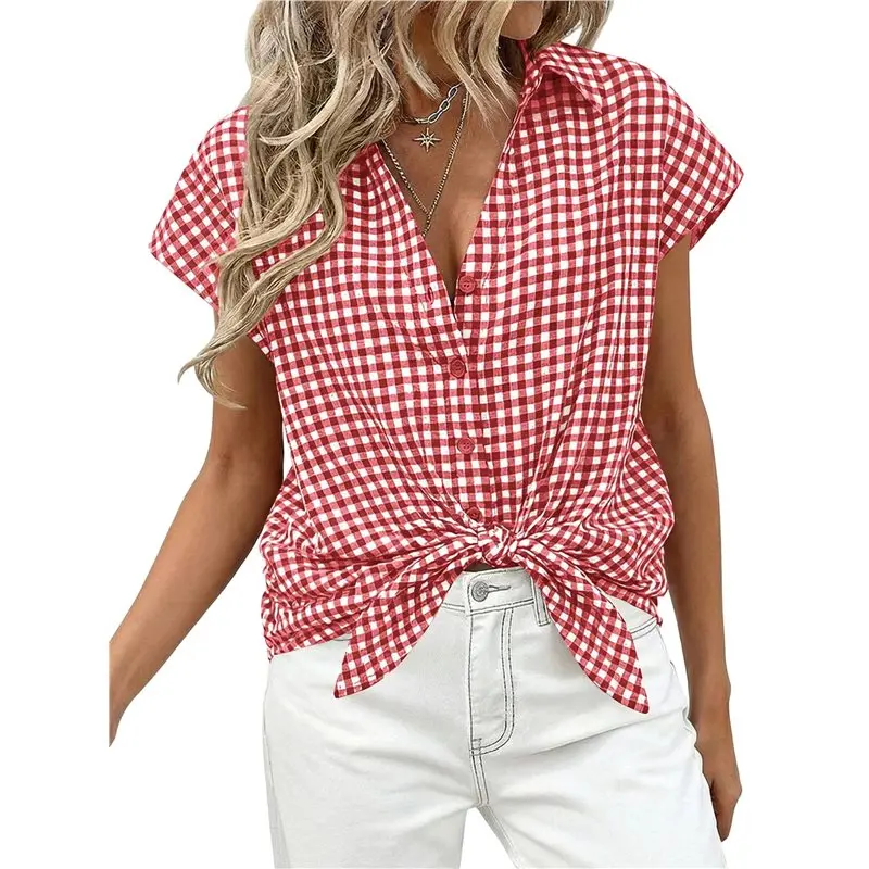 

Женские рубашки с коротким рукавом CYL, клетчатые блузки на пуговицах, повседневные летние деловые топы в стиле гингем для работы